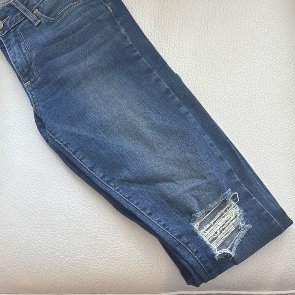 PAIGE Blue Ankle Cropped Pants with Distressed Details